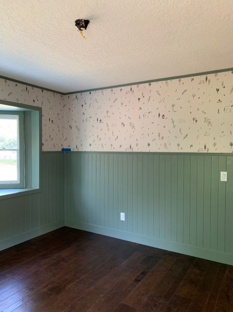 Tongue And Groove Panelling Nursery, Wood Panelling And Wallpaper, Half Wallpaper Half Paint Nursery, Green Wanescotting, Green Beadboard Nursery, Beadboard Half Wall Nursery, Olive Green Board And Batten Wall, Bead Board Half Wall, Paneling And Wallpaper