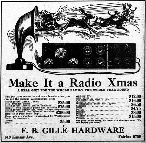 Vintage Advertising From The Golden Age Of Radio, Westinghouse Radios, The Kansas City Kansan, December 3, 1922. Golden Age Of Radio, Vintage Television, Old Time Radio, Antique Radio, Vintage Things, The Golden Age, Vintage Radio, Vintage Advertising, Vintage Ads