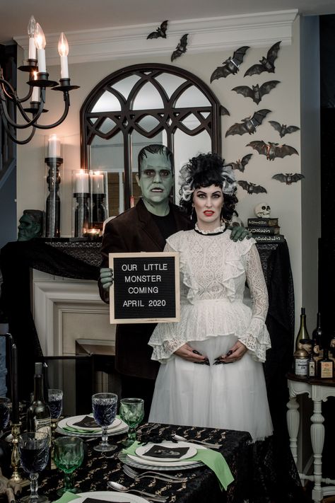 Halloween Baby Announcement - Frankenstein & Frankenstein's Bride Costume Ideas - Our Little Monster Coming Next Spring! Pregnant Bride Of Frankenstein Costume, Pregnant Announcement Halloween Costumes, Pregnancy Halloween Announcement, Halloween Baby Reveal Ideas, Halloween Costume Pregnancy Announcement, Frankenstein Family Costume, Pregnancy Announcement Halloween Costume, Goth Baby Announcement, Spooky Baby Announcement