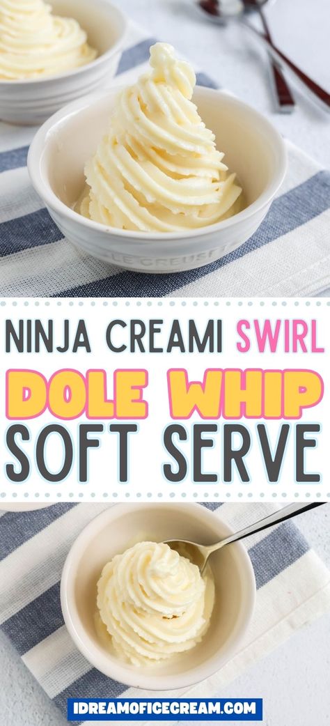 This simple 2-ingredient copycat Dole Whip recipe is so easy to make in the Ninja Creami Swirl! We love dispensing it as a soft serve, so it really feels like we're at Disney World! Healthy Sorbet, Fruit Whip, Ice Cream Healthy, Pineapple Soft Serve, Dole Whip Recipe, Ninja Creami Recipes, Creami Recipes, Making Homemade Ice Cream, Ice Cream At Home