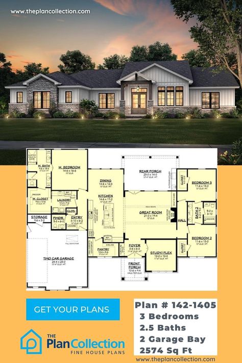 Looking for a spacious and well-designed ranch plan? This unique 3-bedroom home has everything you need, including an open floor plan perfect for family gatherings and entertaining guests. #ranchhouseplans #ranchhouse #HousePlans #HomePlans #FloorPlans 3 Bedroom Ranch With Office, Rambler Floor Plans Open Concept, 1 Story 4 Bedroom House Plans Open Floor, 3 Bed 3 Bath Floor Plans Single Story, Ranch Floor Plans Open Layout, 3 Bedroom Ranch Floor Plans, 3 Bedroom Bungalow Floor Plans, Ranch Home Designs, Ranch Home Floor Plans