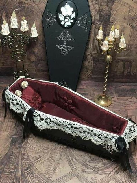 Aesthetic Coffins, Coffin Bed, Sleepover Crafts, Abby Sciuto, Grunge Pictures, Halloween Coffin, Goth Home, Goth Home Decor, Valley Of The Dolls