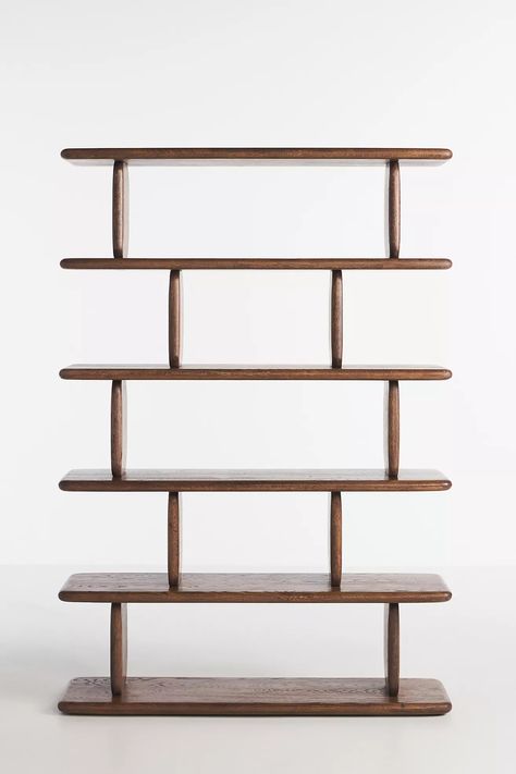 Kalle Sculptural Five-Tier Bookshelf | AnthroLiving Bookshelf Design Minimalist, 1950s Remodel, Mid Century Book Shelf, Modern Bookshelf Design, Minimalist Bookshelves, Oak Bookshelves, Mid Century Books, Minimalist Book, Natural Wood Texture