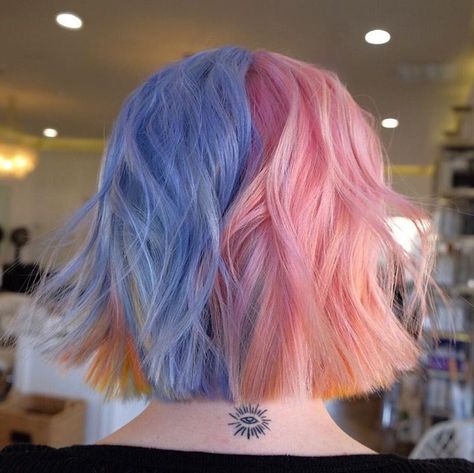 Pastel Split Dye, Short Split Dyed Hair, Hair Pastel Color, Half And Half Hair Color, Pink And Blue Hair, Blue And Pink Hair, Fox Hair Color, Half And Half Hair, Split Dye