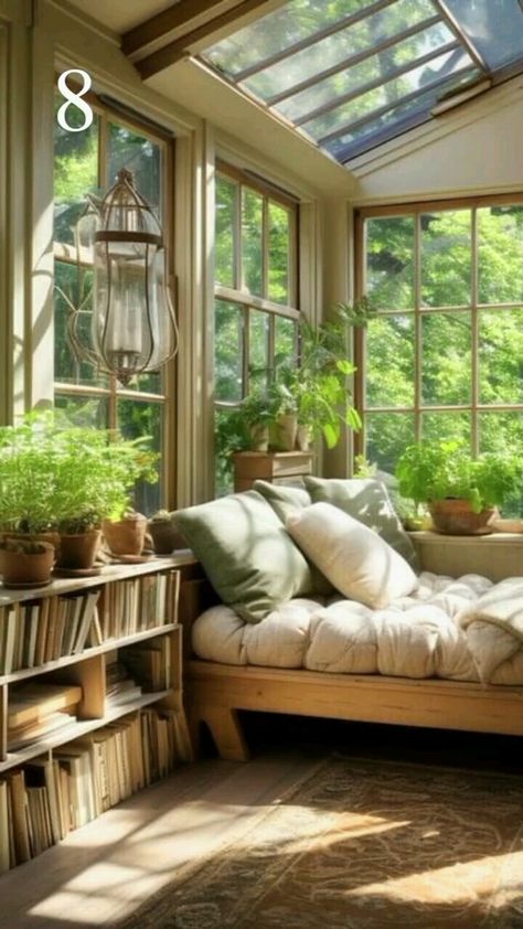 Greenhouse Study Room, Library Sunroom, Glass Reading Room Sunrooms, Sunny Library Aesthetic, Sunroom With Plants And Books, Library Room, House Goals, New Homes, Design