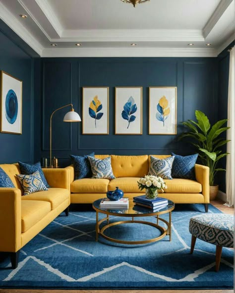 Blue Gold Yellow Living Room, Navy Blue Yellow Living Room, Royal Blue And Mustard Living Room, Blue Wall Blue Sofa, Royal Blue And Yellow Living Room, Navy And Mustard Living Room, Navy And Yellow Living Room, Yellow Sofa Living Room Ideas, Blue And Mustard Living Room