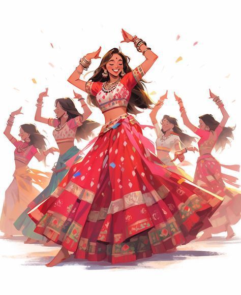 Indian Art Reference, Garba Illustration Art, Dandiya Wallpaper, Navratri Wallpaper Aesthetic, Drawing Indian Woman, Garba Dance Drawing, Garba Sketch, Navratri Illustration Art, Dandiya Painting