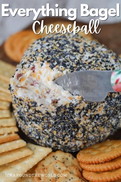 Everything Bagel Cheese ball — the perfect appetizer for all your holiday parties this year. Cream cheese, cheddar cheese, bacon and more make this cheeseball taste spectacular. What takes it over the top is the coating of Everything Bagel seasoning on the outside. Everything Bagel Cheeseball, Everything Bagel Cheese Ball, Bacon Cheeseball Recipes, Types Of Bagels, Cheese Cheddar, Holiday Appetizers Easy, Everything Bagel Seasoning, Breakfast Bagel, Bagel Seasoning