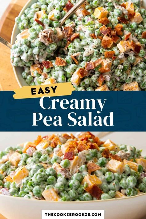 This creamy pea salad is the perfect summer side to serve at your next cookout. Made with sour cream and ranch and topped with crispy bacon, it's ready to serve in minutes. Bacon And Pea Salad, Pea Bacon Salad, Old School Creamy Pea Salad, Creamy Pea Salad With Bacon, Green Pea Salad With Bacon And Cheese, Creamy Pea Salad, Pea Salad With Bacon, Creamy Peas, Thanksgiving Meals