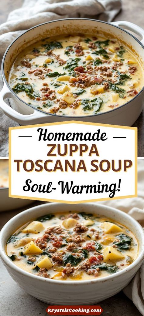 Homemade Zuppa Toscana Soup: Enjoy this easy Olive Garden-inspired soup recipe. Packed with kale and sausage, it’s a delicious and comforting stovetop dish! Zuppa Soup Olive Garden, Stovetop Zuppa Toscana Soup, Sausage Toscana Soup, Olive Garden Italian Sausage Soup, Best Soup Ever Homemade, Sulla Toscana Soup, Easy Tuscan Soup, Zips Tuscana Soup, Best Zuppa Toscana Soup Recipe