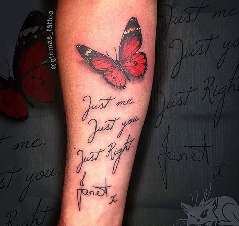 GLo | tattoo on Instagram: “• Memorial Butterfly • Words taken from a card hand written by the Clients late Wife. #blackcatink #lafinca #algorfa #costablanca…” Butterfly Words, Writing Tattoos, Hand Of Cards, Hand Written, Tattoo On, I Tattoo, Handwriting, Written By, Flower Tattoo