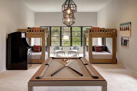 Beautifully designed boys' bunk room is fitted with a pool table illuminated by polyhedron pendants. Game Room Loft, Austin Interior Design, White Molding, Bunk Bed Designs, Bunk Room, Game Room Design, Room Pictures, Rec Room, Pool Table