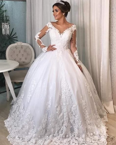 Poofy White Wedding Dress, Wedding Dress Cuts, Sleeve Ball Gown Wedding Dress, Romance Wedding Dress, Long Sleeve Ball Gown Wedding Dress, Ball Gown Silhouette, Ivory Wedding Gown, Wedding Dress Types, Gown Silhouette