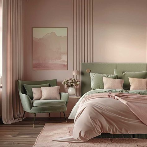 18+ Pink and Green Bedroom Ideas for a Perfect Color Match • 333+ Art Images Olive Green And Blush Pink Bedroom, Pink And Green Bedroom Aesthetic, Pink And Green Bedroom Ideas, Green Wallpaper Bedroom, Pink And Green Bedroom, Ideas Habitacion, Green Bedroom Colors, Olive Green Bedrooms, Bedroom Color Ideas