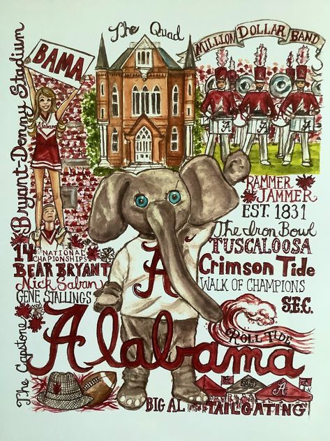 University of Alabama Football Print make the perfect wall decor or gift for your favorite Alabama fan. The print is printed on 12 x 18 inch heavy card stock the actual image measures approximately 11 x 14 inches. It fits perfectly into a standard size frame. Roll Tide! Alabama Sublimation Designs, Alabama Collage Wallpaper, Alabama Football Wallpapers, Alabama Crimson Tide Football Wallpaper, Alabama Wallpaper, Dorm Paintings, College Canvas, Prom Posters, Alabama College