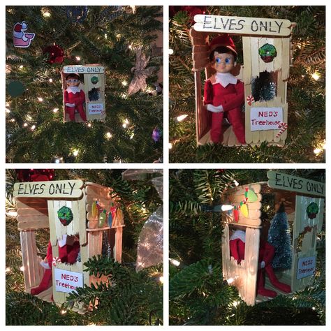 Elf On The Shelf Tree House, Elf On The Shelf Camping Ideas, Elf On The Shelf House Diy, Elf On The Shelf Furniture Diy, Elf Treehouse, Elf Camping, Elf Tree House, Xmas Activities, Elf Shenanigans