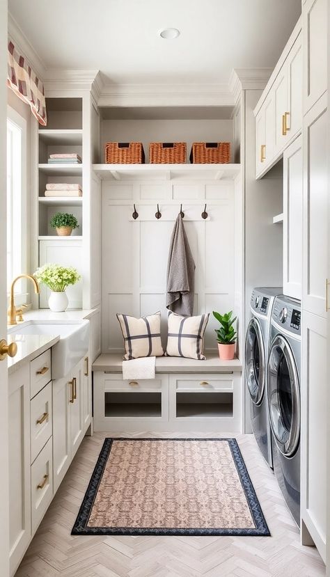 39 Small Laundry Room Ideas: Maximize Your Space with These Clever Tips » Comfy Ideas Laundry Room With Mud Bench, Staircase Laundry Room, Small Laundry Room Off Garage, Narrow Laundry Mudroom, Laundry Room With Closet Storage, Mudroom Utility Room, Mudroom Laundry Room Entryway, Mud Rooms With Laundry, Small Laundry Room Mudroom Combo