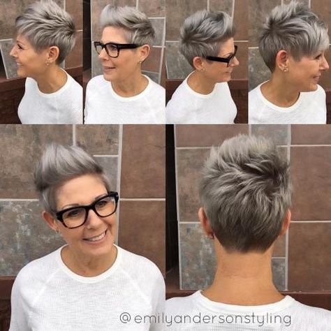 Spiky Brown and Gray Pixie Short Gray Hair, Grey Hair And Glasses, Hair And Glasses, Grey Hairstyles, Funky Hair, Textured Pixie Cut, Pixie Cut With Undercut, Short Grey Hair, Faux Hawk