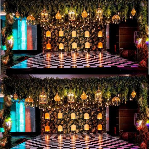 Golden Backdrop Ideas, Led Screen Stage Design For Sangeet, Sangeet Indoor Decoration, Sangeet Stage Decor Indoor, Sangeeth Decors Outdoor Night, Outdoor Wedding Lanterns, Sangeet Board, Sangeet Decoration Night Indoor, Mehendi Backdrop