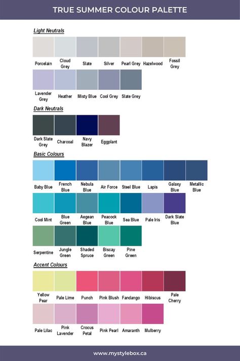 True Summer Colour Palette Fashion, Color Palette True Summer, Outfits For Cool Summer Palette, True Summer Wardrobe Palette, True Summer Color Palette Analysis, Palette Summer Cool, Colour Analysis Summer, True Summer Color Palette Clothes, Cool Summer Colour Palette