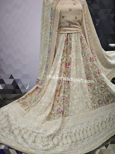 Exclusive traditional chikankari all over hand embroidered Designer Lehenga in pure Georgette fabric with fine intricate chikankari with additional embellishment like parsi gara embroidery with additional embellishments like french knot,moti work matched with embroidered chikankari Parsi gara 3 metre Dupatta & embroidered blouse Parsi Gara Embroidery, Gara Embroidery, Chikankari Lehenga, Moti Work, Designer Lehenga, French Knot, Georgette Fabric, Wedding Wear, Embroidered Blouse