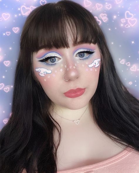 Sanrio Cinnamoroll makeup, pink and blue cute crease makeup Cinnamoroll Makeup Look, Sanrio Face Paint, Easy Pretty Makeup, Cinnamoroll Makeup, Sanrio Makeup, Diy Face Paint, Cute Fox Drawing, Makeup Clown, Halloween Makeup Clown