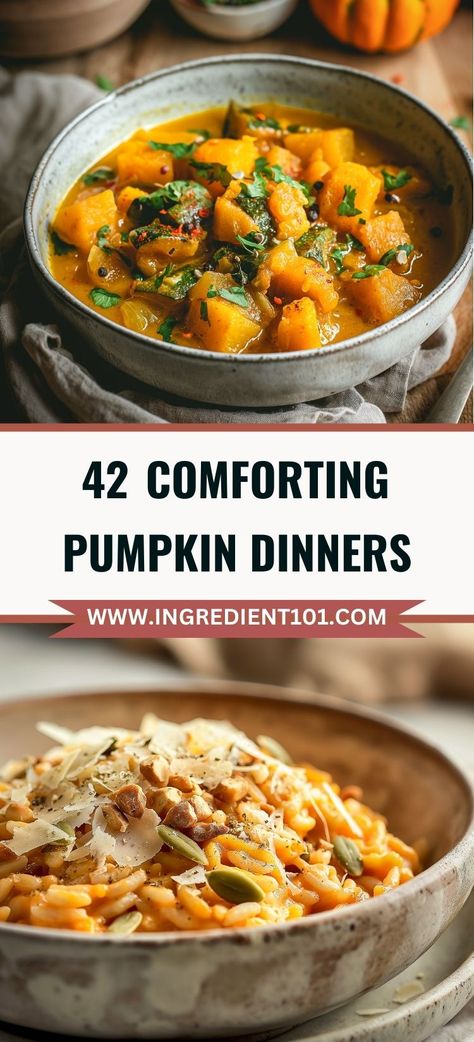 Pumpkin isn't just for dessert! These savory pumpkin dinner recipes will have you craving pumpkin all fall long. From creamy pumpkin risotto to spicy pumpkin curry, these easy pumpkin recipes are perfect for cozy weeknight meals. Try one-pan chicken meatballs in pumpkin curry sauce or pumpkin turkey meatballs for a twist on classic meatballs. Or enjoy a hearty pumpkin chili or pumpkin beef bolognese for a satisfying dinner. These pumpkin dinner ideas will become fall favorites in no time! Healthy Pumpkin Dinner Recipes, Pumpkin Puree Recipes Dinner, Healthy Pumpkin Recipes Dinner, Pure Pumpkin Recipes Easy, Real Pumpkin Recipes, Whole Pumpkin Recipes, Pumpkin Recipes For Dinner, Pumpkin Puree Recipes Healthy, Pumpkin Dinner Recipes