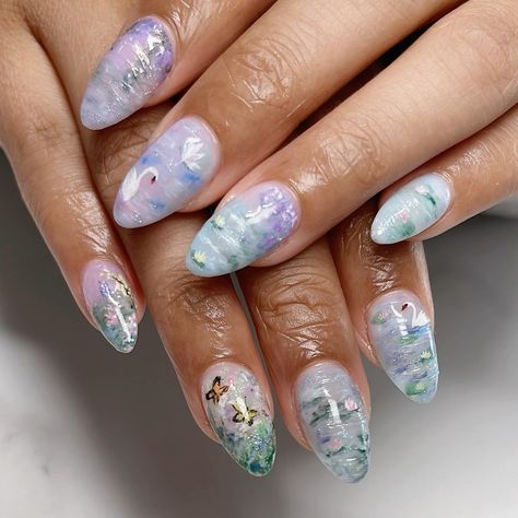 🦢 Monet lily garden 🪷 Intricate Janet’s Omakase on short Almond Gel-x ib @oaklestudio #naildesign #paintednails #nailart #gardennails #nailinspo #gelxnails #gelxinspo #monetnails #texturednails #naturenails #summernails #nails2inspire #nailstagram Monet Nailart, Claude Monet Nails, Omakase Nails, Abalone Nails, Monet Nails, Nail Store, Lily Garden, Short Almond, Birthday Nails