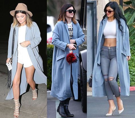 kylie-jenner-asos-duster-coat-three-ways-outfits Blue Duster Outfit, Duster Coat Outfit, Duster Outfit, Coat Outfit Casual, Green Maxi Skirt, 40 Fashion Women, Maroon Shirts, Kylie Jenner Outfits, Coat Outfit