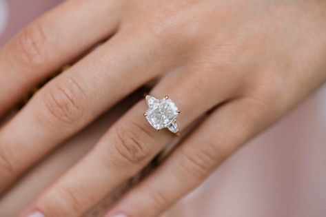 Elongated Cushion Three Stone, Elongated Cushion Cut, Cushion Cut Diamond Ring, Elongated Cushion, Cushion Cut Moissanite, Moissanite Engagement Ring Solitaire, Moissanite Diamond Rings, Types Of Diamonds, Hidden Halo