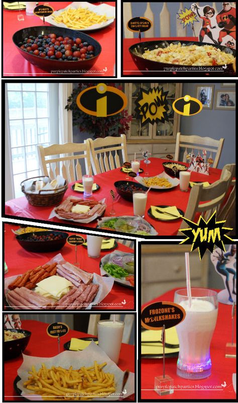 The Purple Patch: Disney/Pixar The Incredibles Movie Night Incredibles Movie Night, Movie Night Party Ideas, Incredibles Party, Incredibles Birthday Party, Disney Themed Movie Night, Night Party Ideas, Pixar Party, Movie Night Theme, Movie Night For Kids