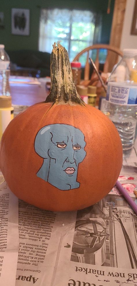 Handsome Squidward Pumpkin, Squidward Pumpkin Carving, Squidward Pumpkin, Pumpkin Inspo, Pumpkin Carvings Stencils, Pumpkin Carving Templates, Pumpkin Painting, Pumpkin Faces, Painted Pumpkins