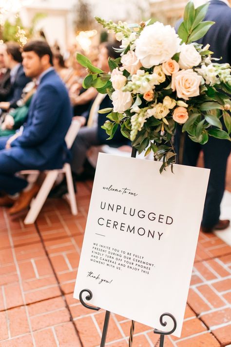 Classic elegance meets Southern charm at this Ritz Carlton wedding. 🌹💍 Explore the subtle details that make the day truly special: small, beautiful arrangements gracing signs throughout the ceremony, each bloom a silent witness to the vows exchanged. Today, love is not just in the air, it's in every single white rose.⁠ Ceremony Wedding Sign, Wedding Sign Acrylic, Unplugged Ceremony Sign, Silent Witness, Unplugged Wedding Sign, Unplugged Ceremony, Unique Floral Arrangements, Ceremony Sign, Birthday Party Set