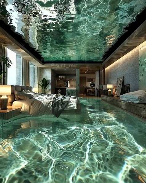 Underwater Living Spaces | Creative AI Home Concepts Luxurious Mansions Interior, Concrete Villa, Concrete Bedroom, Underwater Room, Luxury Pools Indoor, Phoenix Fire, Loft Designs, Underwater House, Villa Luxury