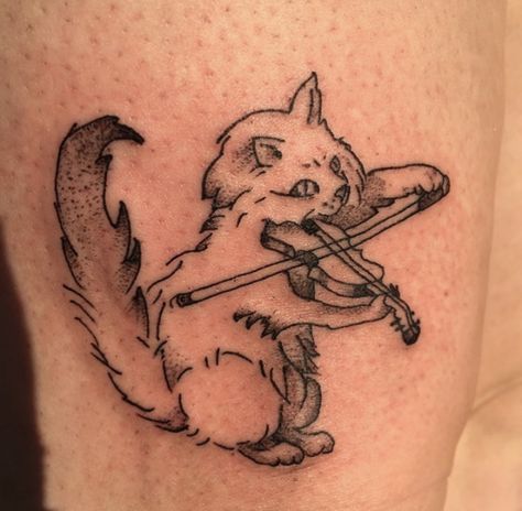 This piece was done by Leah at Electric Chair Tattoos in Saint Augustine, FL. Cat Fiddle Tattoo, Fiddle Tattoo, Tattoo Band, Electric Chair, Planet Tattoos, Saint Augustine, Band Tattoo, Cat Playing, Cat Tattoo