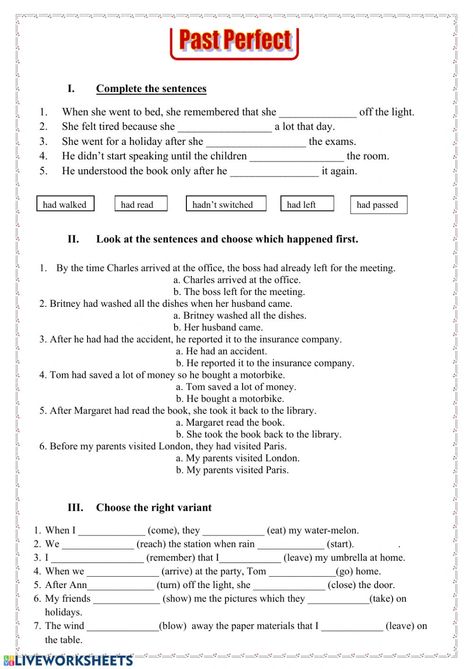 Past Perfect Tense Worksheets, Past Perfect Worksheets, Past Perfect Tense Exercises, Math Mental, Past Perfect Tense, English Books For Kids, Esl Grammar, English Grammar Exercises, English Grammar For Kids