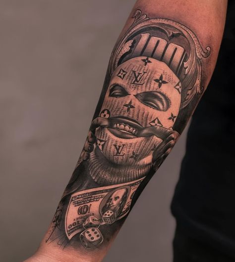 Gangsters Tattoo, Chicano Tattoos Gangsters, Ski Mask Tattoo, Tattoo Gangster, Computer Tattoo, Money Bag Tattoo, Unique Hand Tattoos, Gangster Tattoo, Arm Tattoos For Guys Forearm