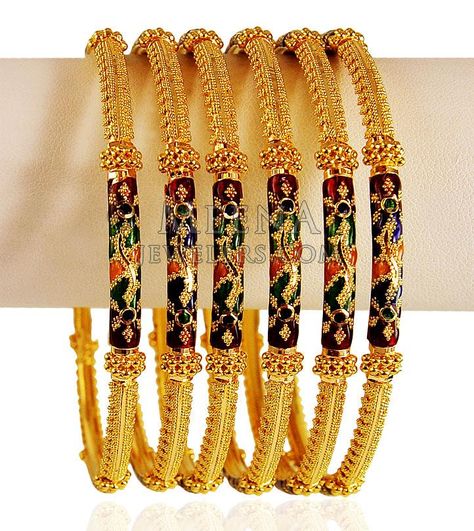 22 K Gold Meena Bangles 6 PCs ( Set of Bangles ) Gold Meena Bangles, Antique Necklace Gold, 22k Gold Bangles, Antique Gold Jewelry Indian, Gold Bangle Set, Antique Bridal Jewelry, Gold Jewelry Stores, Bangles Design, Antique Gold Jewelry