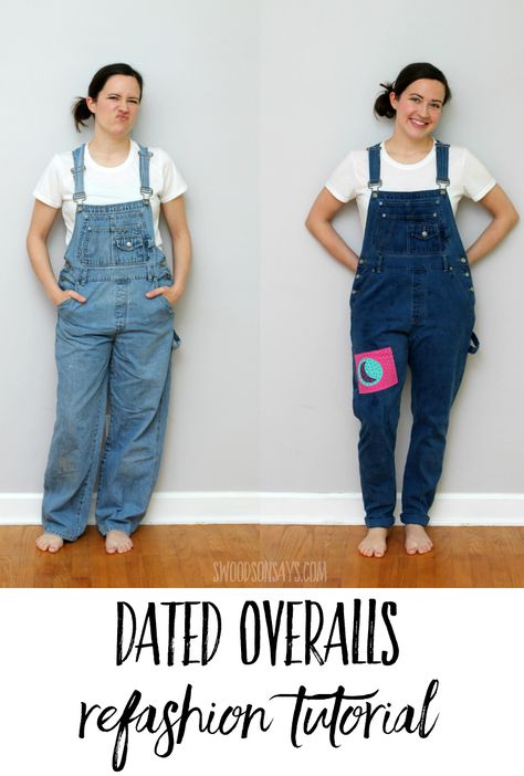 See how to make jeans skinnier and other easy steps to refashion and mend dated overalls with this fun refashion sewing tutorial! Altering Overalls, How To Make Overalls, Turn Jeans Into Overalls, Jeans To Overalls Diy, Upcycling Overalls, Diy Overalls From Jeans, How To Alter Overalls That Are Too Big, Upcycle Overalls, Diy Overalls