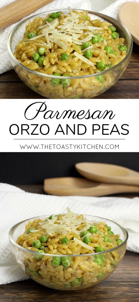 Parmesan Orzo and Peas by The Toasty Kitchen #sidedish #recipe #pasta #orzo #peas #homemade Orzo Baby Recipes, Toddler Orzo Recipe, Orzo And Peas Recipe, Orzo And Peas, Orzo Peas, Orzo Recipes Side, Pasta Orzo, Macaroni Salads, Orzo Pasta Recipes