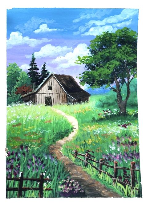 Rural Landscape Drawing, Landscape Tutorial, Easy Landscape Paintings, Countryside Paintings, Relaxing Nature, Barn Art, Silhouette Painting, Garden Drawing, Lightroom Presets Download