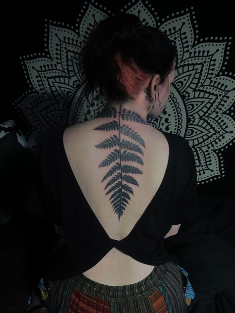 Fern Tattoo Spine, Fern Spine Tattoo, Fern Chest Tattoo, Fern Back Tattoo, Cool Nature Tattoos, Watercolor Dragonfly Tattoo, Octopus Tattoo Sleeve, Tattoo Thoughts, Cool Nature