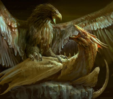 Griffin Vs Dragon, Phoenix Vs Dragon, Flying Monsters, Gryphon Art, Legendary Dragons, Mythical Dragons, Eagle Tattoo, Fire Art, Fantasy Creatures Art