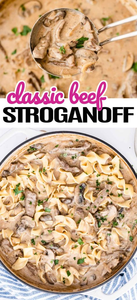 Sour Cream Beef Stroganoff, Beef Stroganoff With Peas, Stroganoff Beef Tips, Been Stroganoff Recipe, Beef Stroganoff With Steak Strips, Easy Beef Stroganoff With Steak, Oven Baked Beef Stroganoff, Beef Stroganoff Mushrooms, Beef Stroganoff Meal Prep