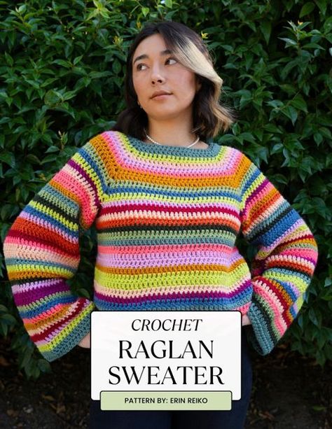 Crochet Raglan Sweater Pattern Free, Cute Crochet Sweaters, Crochet Rainbow Sweater, Raglan Sweater Crochet, Easy Crochet Sweater Pattern Free, Raglan Crochet Sweater, Colorful Crochet Sweater, Crochet Raglan Sweater, Raglan Sweater Pattern