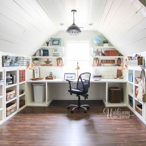 Amazing Office/Craft Room Organization in the Attic - look at all those cubbies under the kneewall! #hobbylobbystyle #ad Attic Makeover, Attic Office, Attic Renovation Ideas, Attic Playroom, Small Attic, Attic Design, Attic Renovation, Attic Storage, Attic Spaces