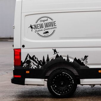 LWB Crafter - New Wave Custom Conversions Van Vinyl Design, Campervan Decals, Campervan Decals Exterior, Van Wrap Design Ideas, Campervan Exterior Graphics, Kombi Food Truck, Camper Furniture, Chevrolet Van, Van Branding Vehicle Wraps