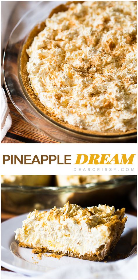 Pineapple Dream Pie - Fluffy pineapple cheesecake layers piled on sweet, crispy vanilla wafer crust? You do not want to miss this heavenly pie recipe! #ad Pineapple Dream Pie Recipe, Pineapple Dream Pie, Heavenly Pie Recipe, Heavenly Pie, Dream Pie Recipe, Dream Pie, Pineapple Dream, Pineapple Cheesecake, Vanilla Wafer Crust