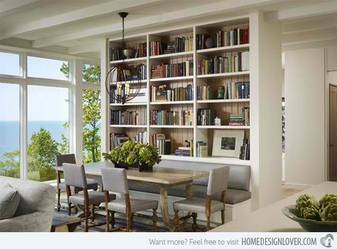 15 Ideas for Adding Bookshelves in the Dining Room Dining Room Library, Bench Seat Dining, Living Room Transitional, Transitional Dining Room, Transitional Dining, Dining Room Remodel, Home Library Design, Dining Room Combo, Bookshelf Design