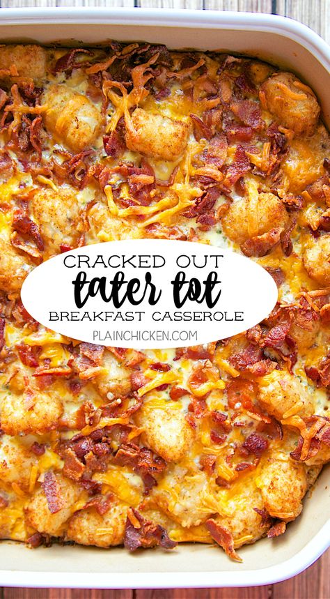 Cracked Out Tater Tot Breakfast Casserole - great make ahead recipe! Only 6 ingredients!! Bacon, cheddar cheese, tater tots, eggs, milk, Ranch mix. Can refrigerate or freeze for later. Great for breakfast. lunch or dinner. Everyone loves this easy breakfast casserole!! Tots Recipes, Cheese Tater Tots, Tot Breakfast Casserole, Cracked Out, Tater Tot Breakfast Casserole, Tater Tot Breakfast, Ranch Mix, Chicken Breakfast, Queso Cheddar